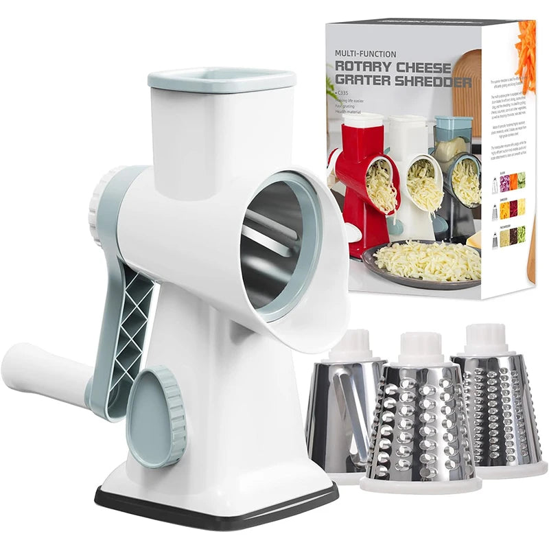 3-in-1 Rotary Cheese Grater with Manual Handle and Interchangeable Drums – White
