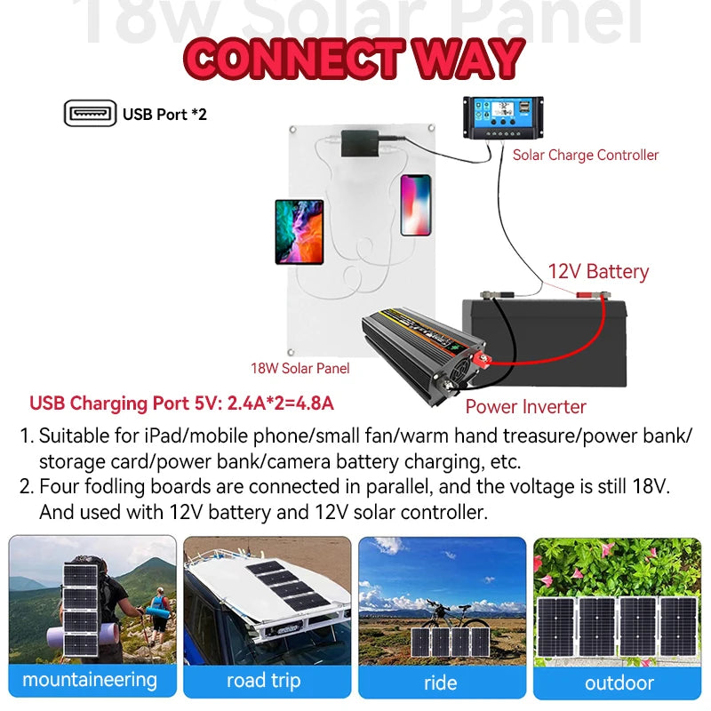 Solar Panel Kit 500W Inverter 2 × 300W Folding Solar Panels 30A Controller 12V to 220V – Black