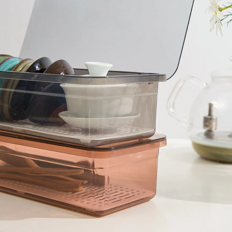 Tableware Storage Box 27cm Plastic Chopstick Holder With Lid And Drainage Tray – Brown