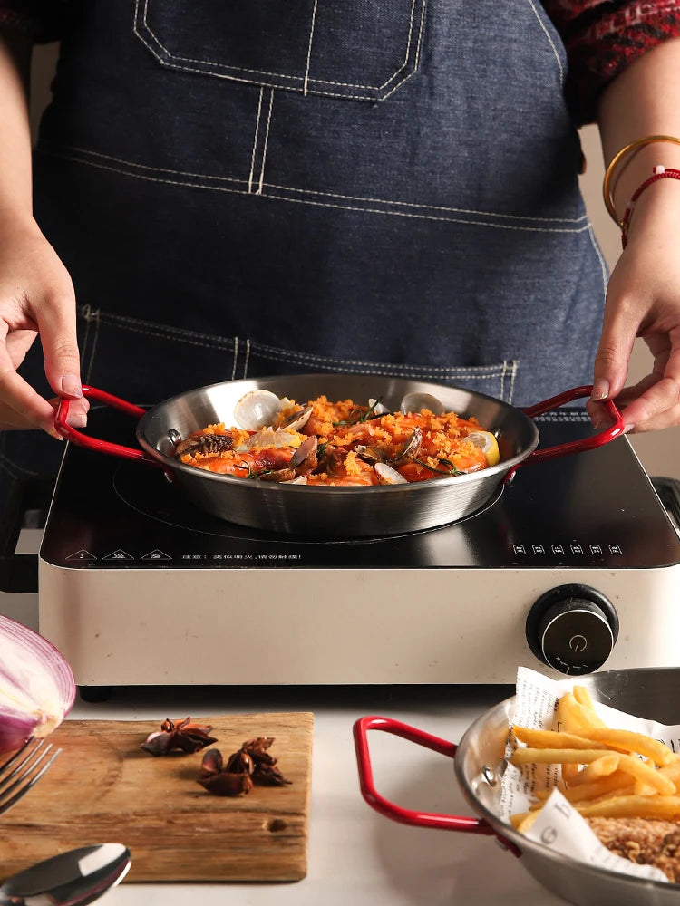 Stainless Steel Paella Pan 24cm Double Handle Cooking Pan Gas and Induction Compatible – Red