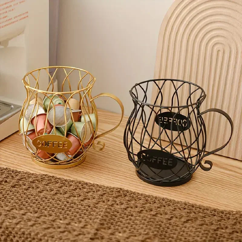 Coffee Capsule Holder Iron Hollow Basket Storage Display Stand – Gold
