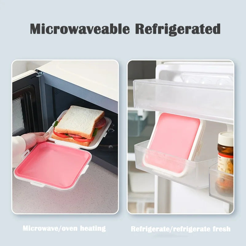 Silicone Sandwich Lunch Box Reusable Food Storage Container Microwave Safe Bento Box with Protective Lid – Pink