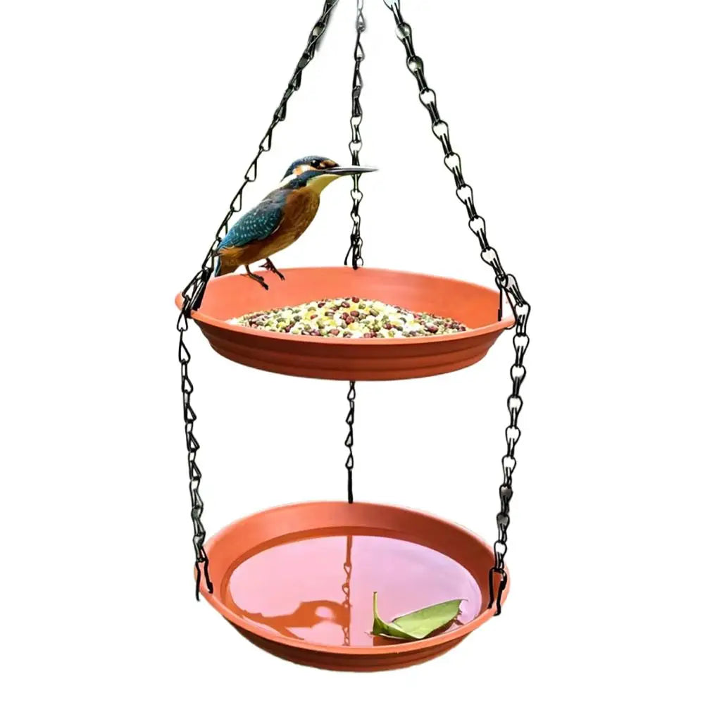 Outdoor Hanging Bird Bath and Double-Tier Bird Feeder Dish with Water Bowl and Chain – Maroon