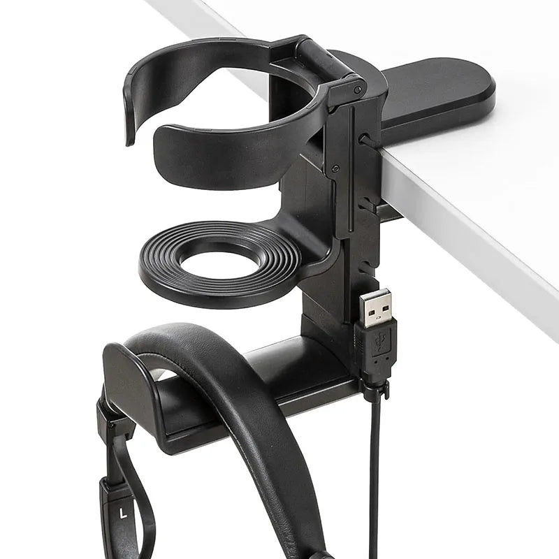 Clamp-On Desk Cup Holder with Headphone Hanger 360° Rotating Mug Holder Under Desk Organizer – Black
