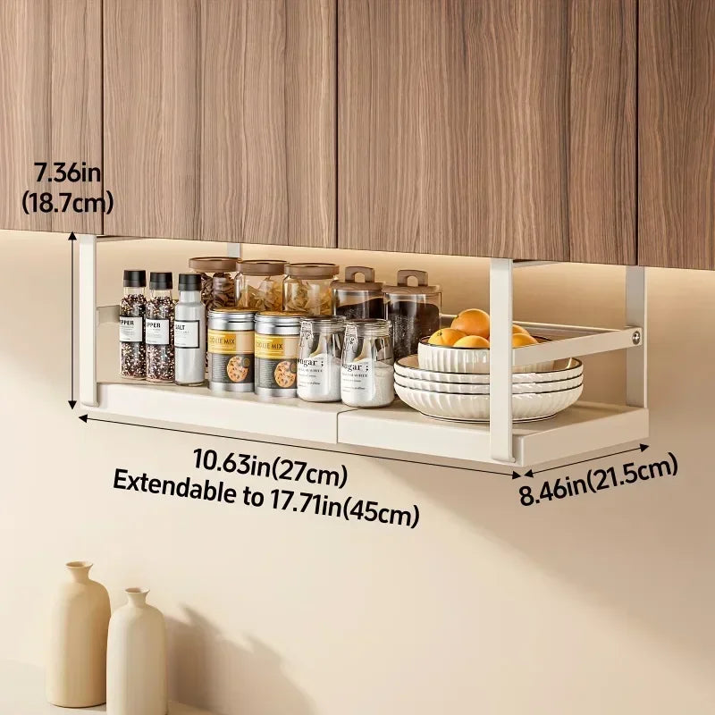 Stainless Steel Shelves Adjustable Spice Stand – Metal Expansion Cabinet Rack – Kitchen Hanging Seasoning Organizer – White