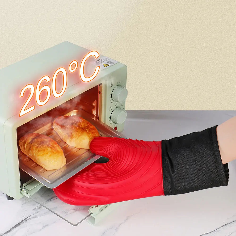Heat Resistant Silicone Oven Mitt Waterproof Non-Slip Kitchen Cooking Glove with Soft Lining – Red