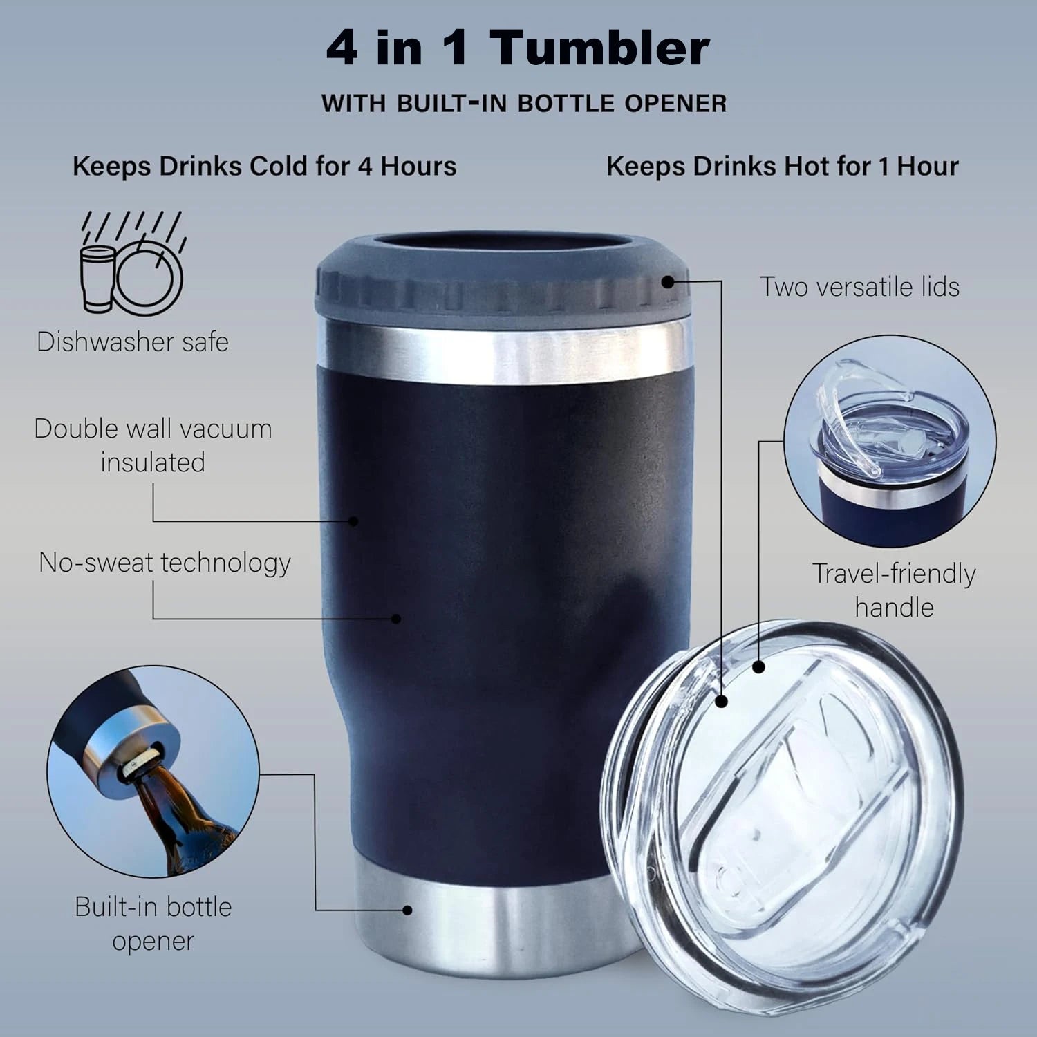 14oz Stainless Steel Insulated Can Cooler Tumbler with Dual Lids and Bottle Opener – White