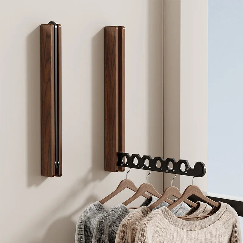 Retractable Wall Mounted Clothes Hanger Foldable Walnut Coat Rack Space Saving Laundry Drying Rack – Walnut