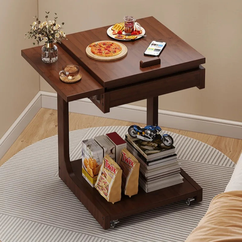 Mobile Side Table Adjustable Laptop Desk Bamboo Sofa End Table with Storage Shelf – Walnut