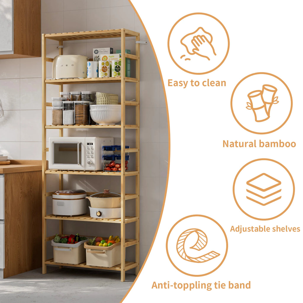 6 Tier Bamboo Storage Shelf Freestanding Bookcase Adjustable Shelving Unit for Living Room Bathroom and Kitchen – Natural Wood