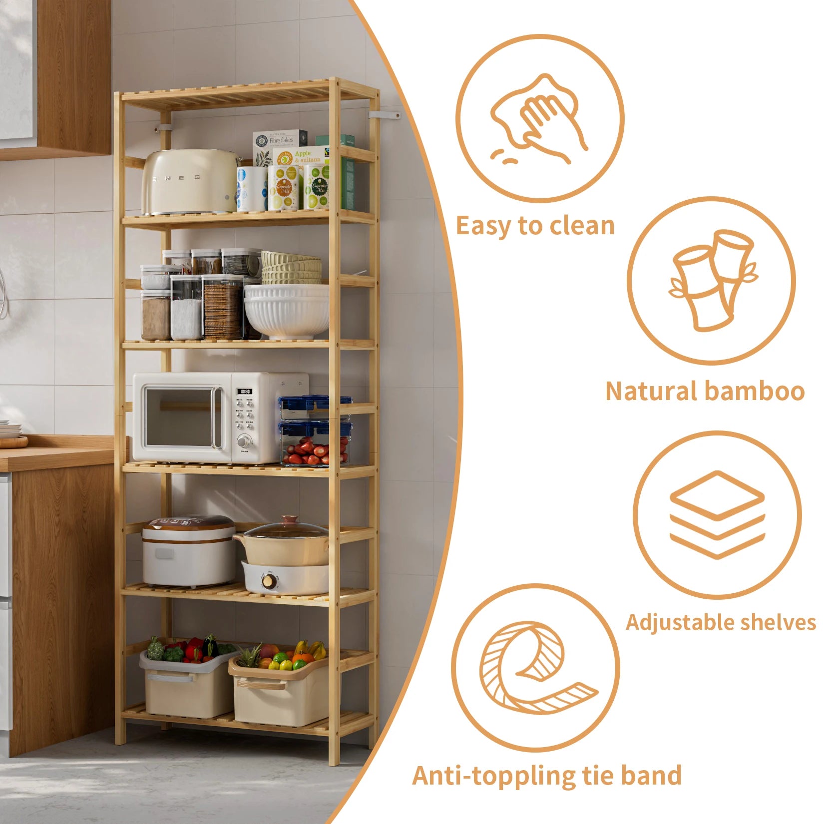 6 Tier Bamboo Storage Shelf Freestanding Bookcase Adjustable Shelving Unit for Living Room Bathroom and Kitchen – Natural Wood