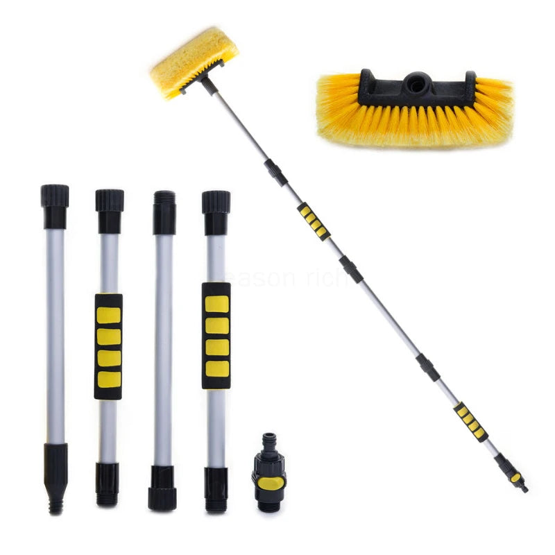 Car Cleaning Brush with Water Flow Retractable Handle 75–160cm Soft Bristle Wash Tool Yellow