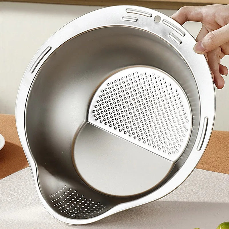 Rice Washer Strainer Bowl 304 Stainless Steel Washing Basin for Rice Fruits Vegetables and Grains – Silver