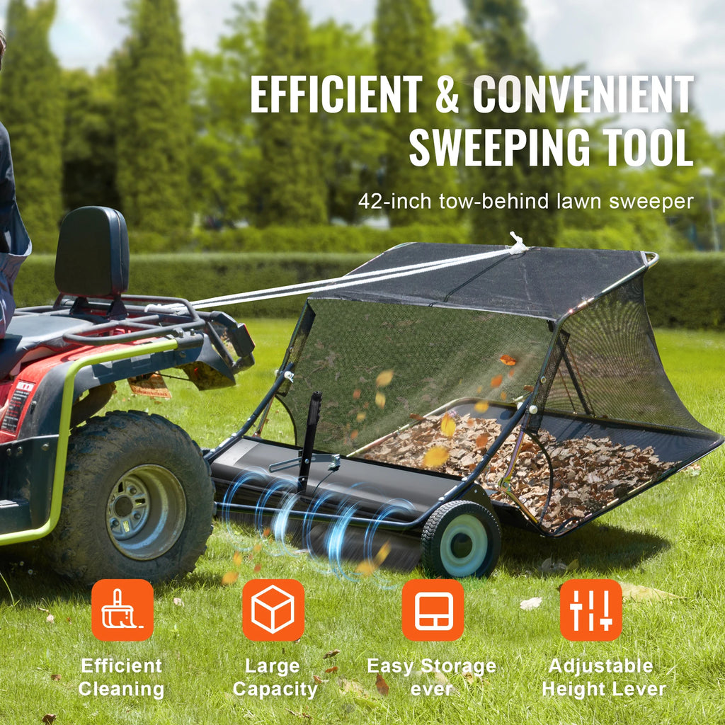 Lawn Sweeper 42 Inch Tow Behind Leaf Collector 26 Cu Ft Yard Grass Sweeper
