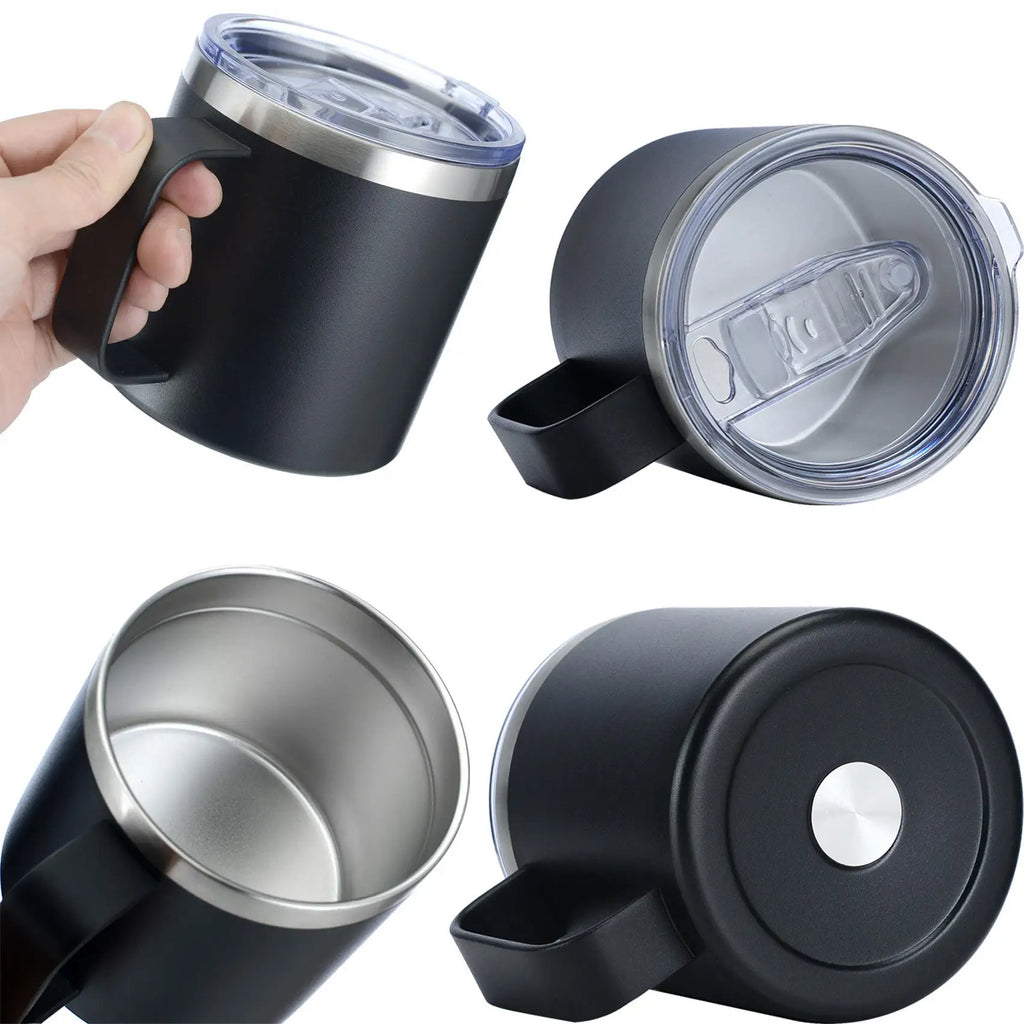 12oz Stainless Steel Insulated Coffee Mug with Handle and Sliding Lid – Black
