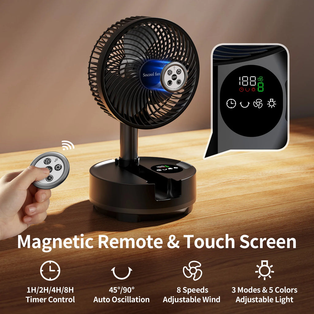 Fan Portable Rechargeable Folding Floor Desk Fan 20000mAh 8 Speed Auto Oscillation - Black