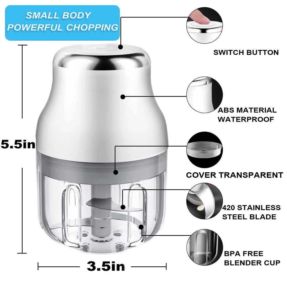 Mini Electric Food Processor 250mL USB Rechargeable Garlic Vegetable Meat Chopper - White