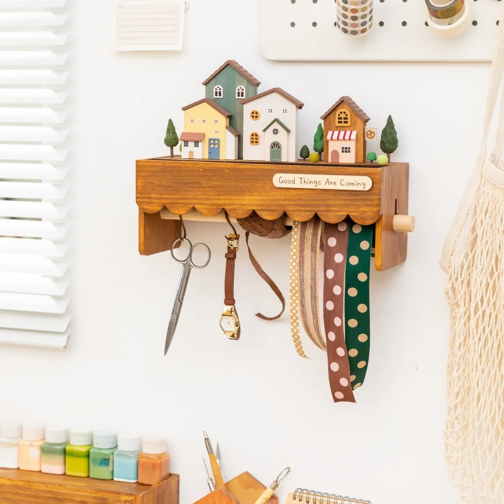Wooden Paper Towel Holder Wall Mounted Kitchen Storage Rack with Display Shelf and Hanging Rod