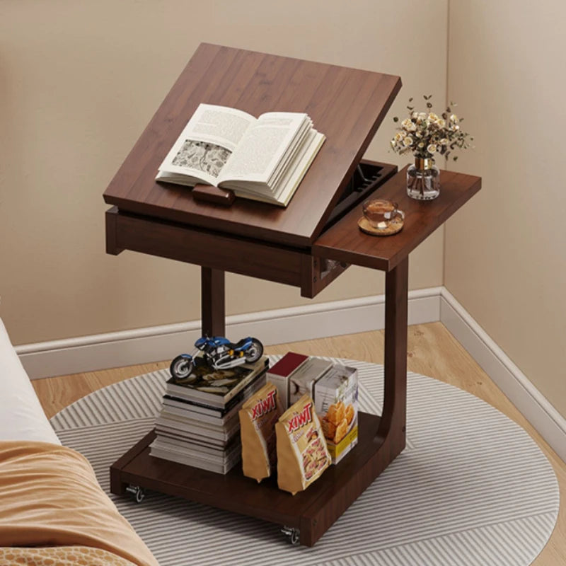 Mobile Side Table Adjustable Laptop Desk Bamboo Sofa End Table with Storage Shelf – Walnut
