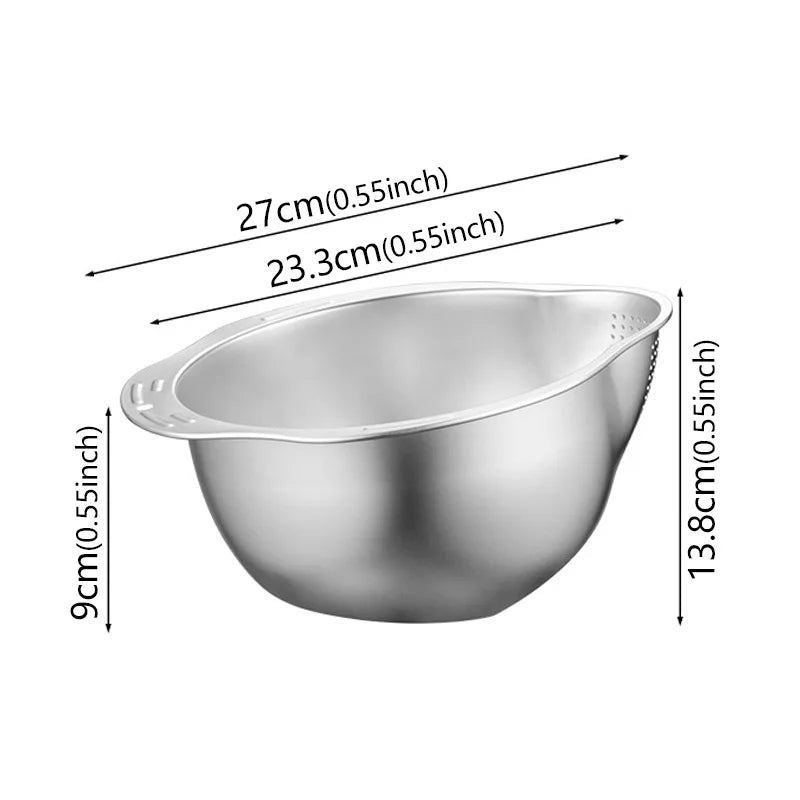 Rice Washer Strainer Bowl 304 Stainless Steel Washing Basin for Rice Fruits Vegetables and Grains – Silver