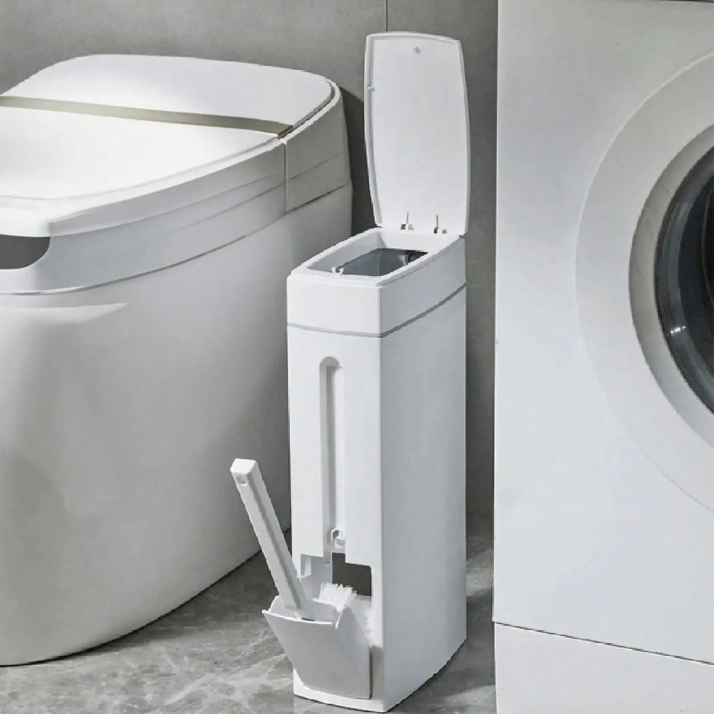 Bathroom Trash Can and Toilet Brush Combo 4.5L Slim Design with Lid Space Saving Set White