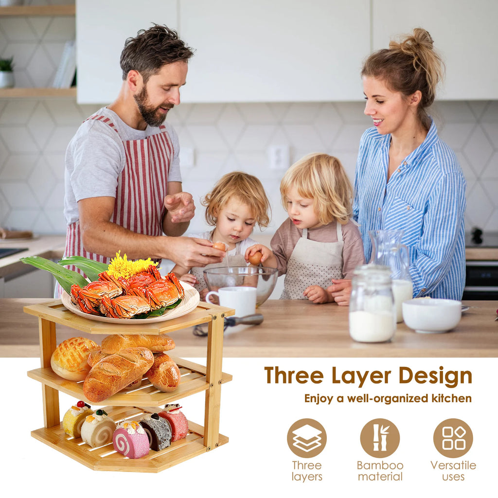 Cabinet Organiser 3 Tier Bamboo Corner Storage Shelf for Kitchen Countertop