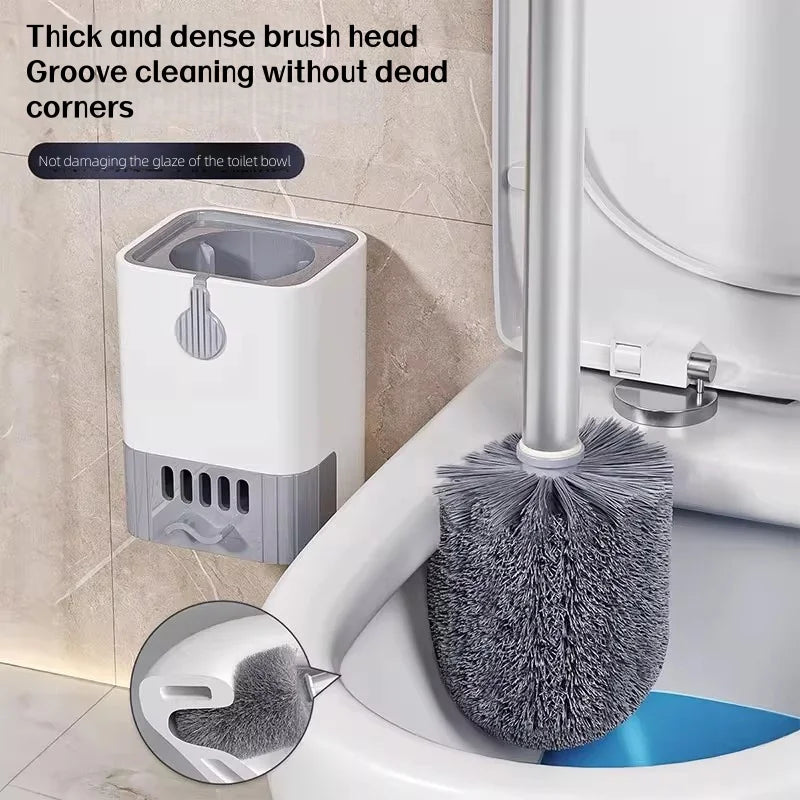 Long Handle Toilet Brush with Drain Base Wall Mounted No Drill Bathroom Cleaning Brush Set – Blue
