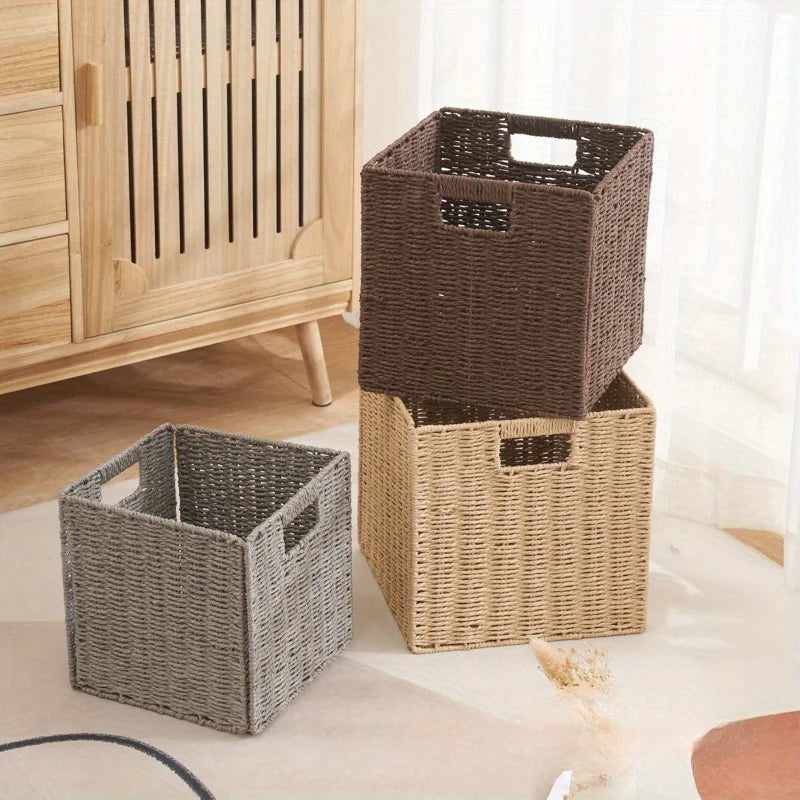 Cube Storage Basket Wicker Foldable Clothing Organiser with Handles - Grey
