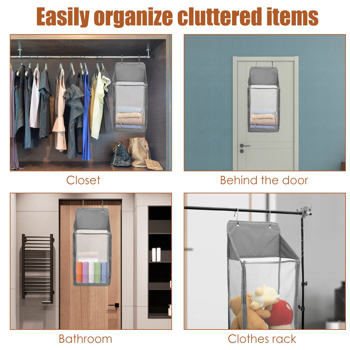 2Pcs Foldable Hanging Laundry Basket Mesh Hamper Over Door Storage - Grey