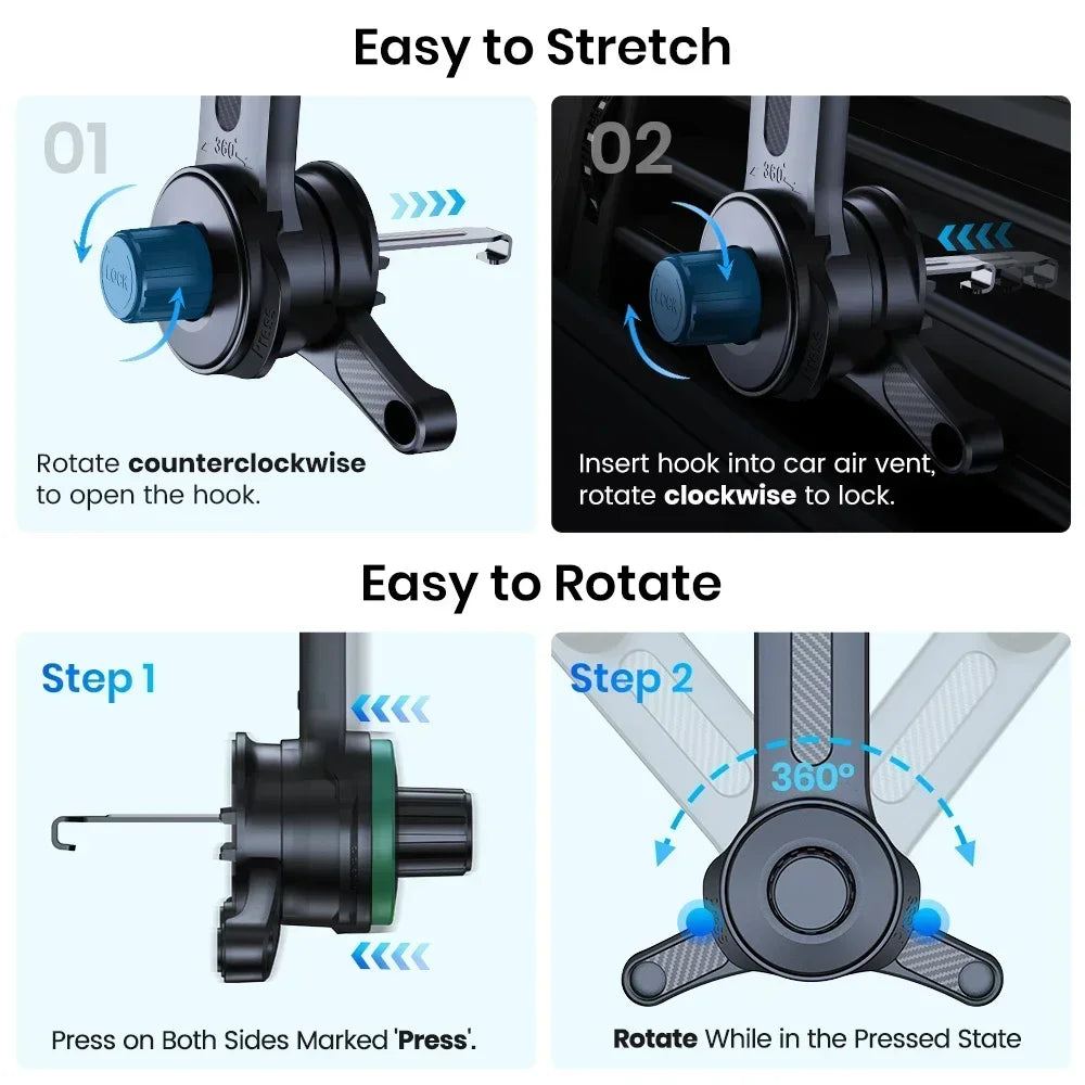 Phone Holder 360° Rotating Air Vent Mount Adjustable One Hand Release Universal