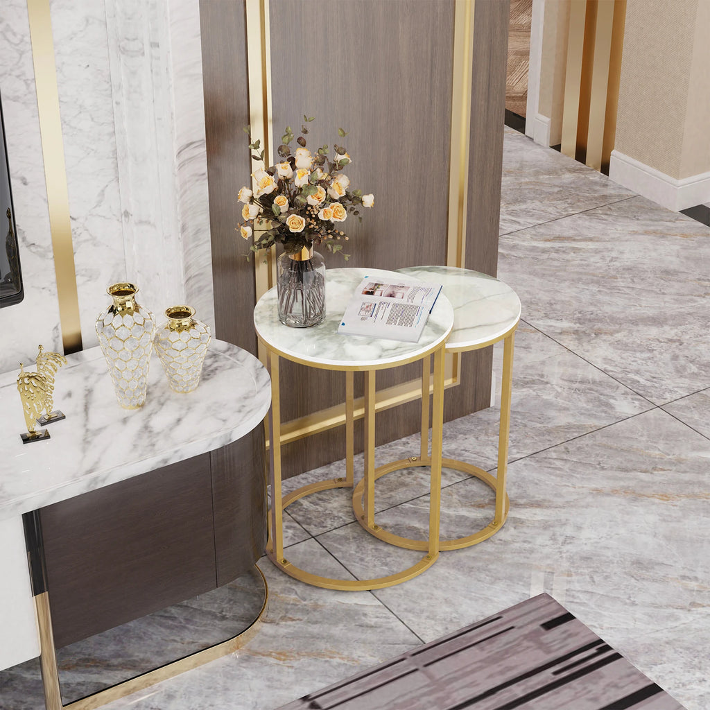 Nesting Side Table Set 2 Piece Sintered Stone Top Round Metal Base – Gold