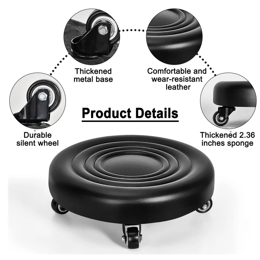 Low Rolling Stool with Universal Wheels PU Leather Cushioned Swivel Seat for Home Garage and Salon – Red
