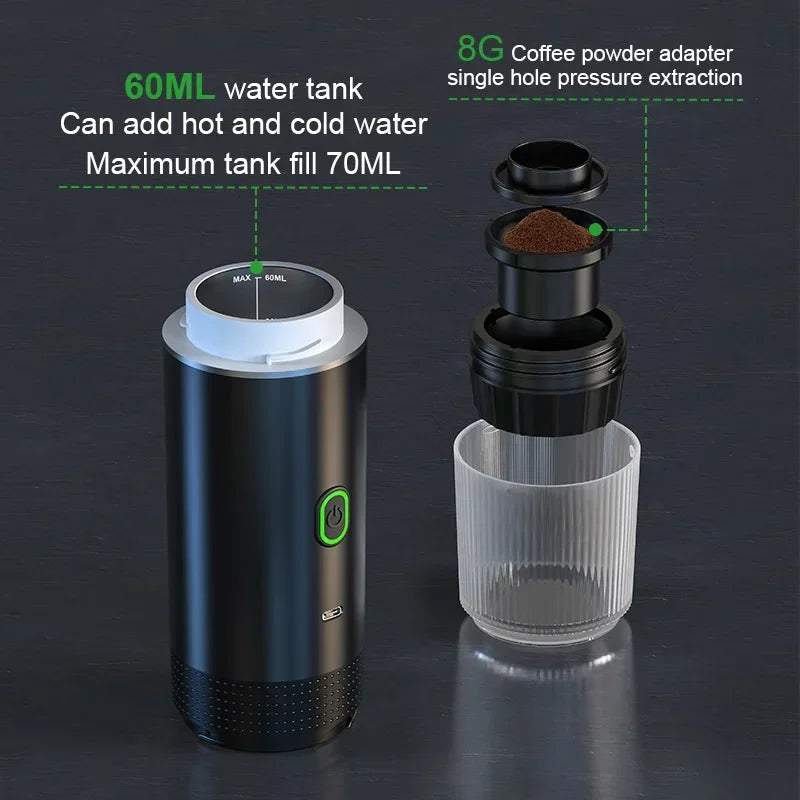 Wireless Portable Espresso Coffee Machine 3 in 1 Capsule and Ground Coffee Maker for Car Home and Camping - Black with bag
