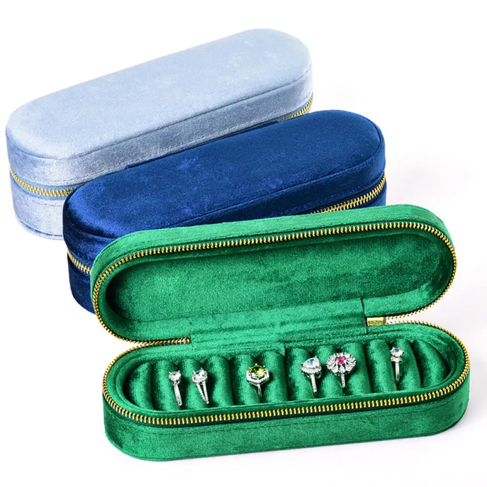 Jewellery Storage Box Portable Velvet Flip Top Organiser with Zip Closure - Green
