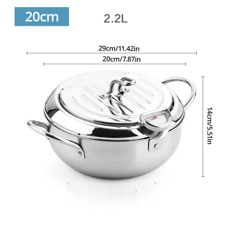 Oil Frying Pan 20 cm Stainless Steel Deep Frying Pot with Thermometer, Lid and Drain Rack
