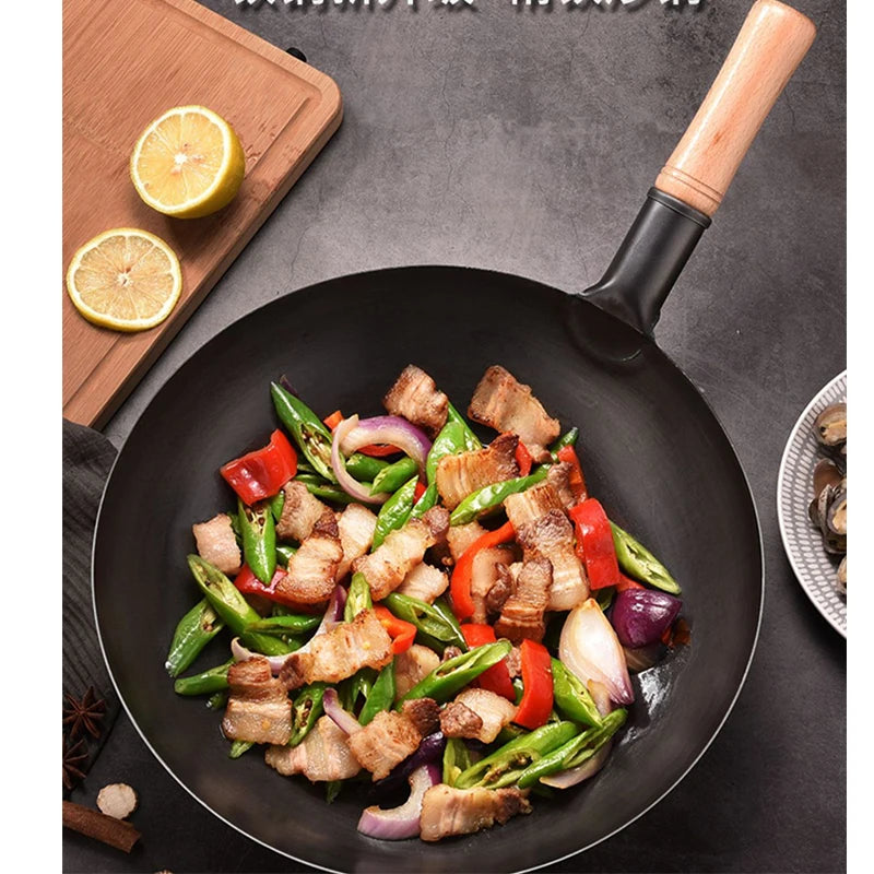Carbon Steel Wok 32cm Round Bottom Stir Fry Pan Uncoated Cookware – Black