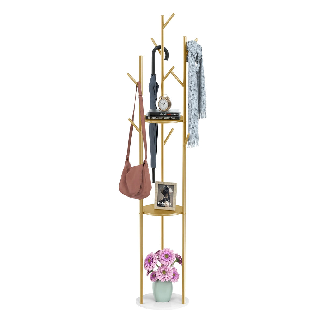 Coat Rack Stand with Shelves and 9 Hooks Freestanding Hall Tree - Gold