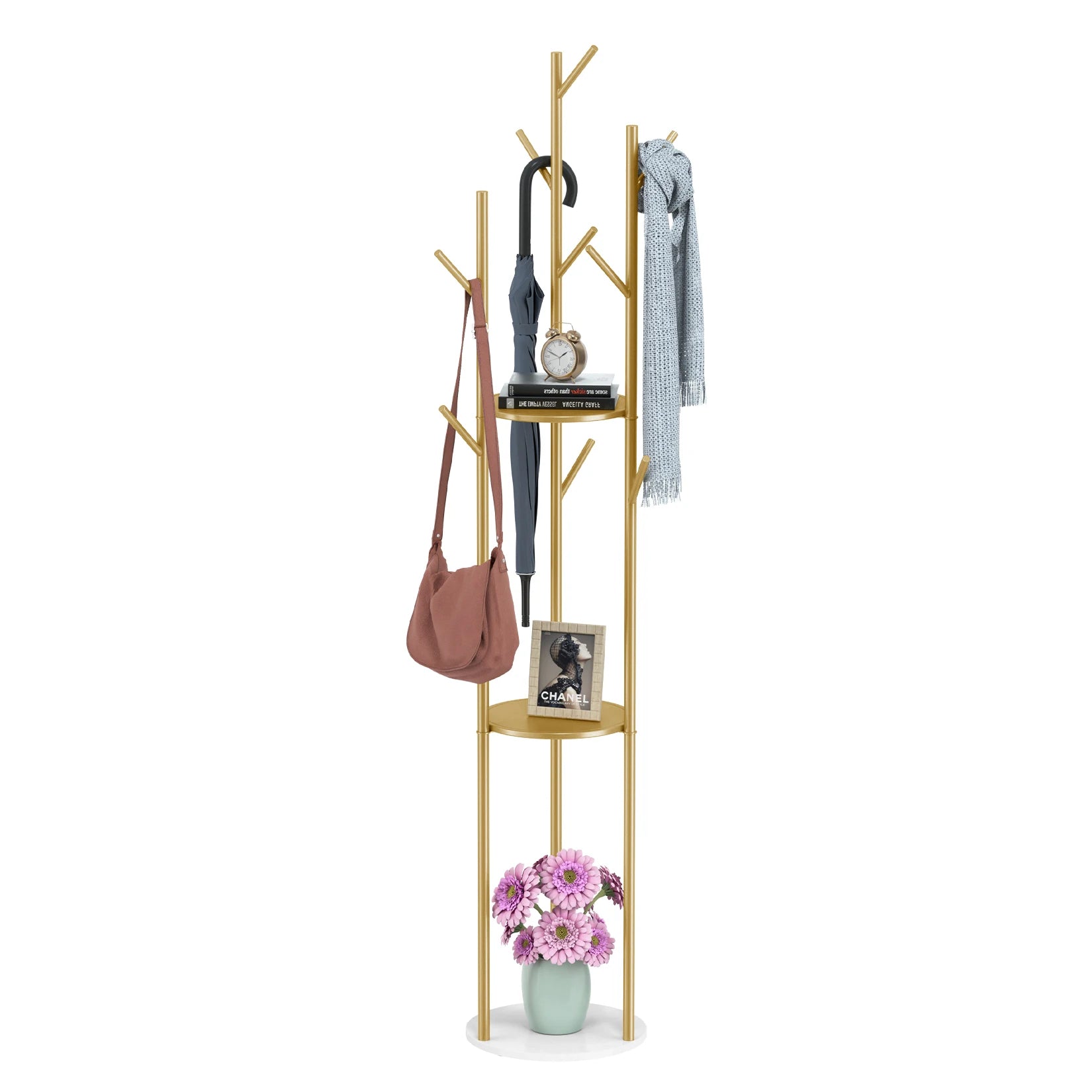 Coat Rack Stand with Shelves and 9 Hooks Freestanding Hall Tree - Gold