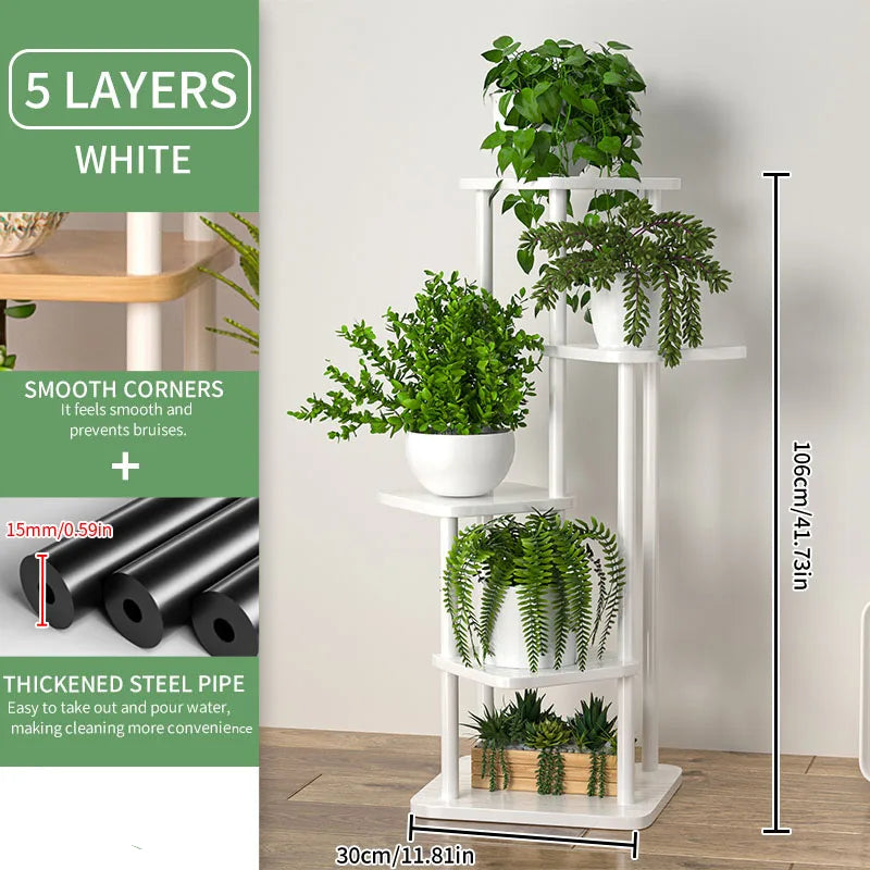 Wooden Plant Stand for Flowers – 5-Tier Indoor Flower Shelf – Multi-Layer Planter Rack – White