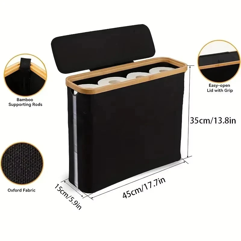 Toilet Paper Storage Basket 12 Roll Foldable Organiser with Bamboo Frame and Lid - Grey