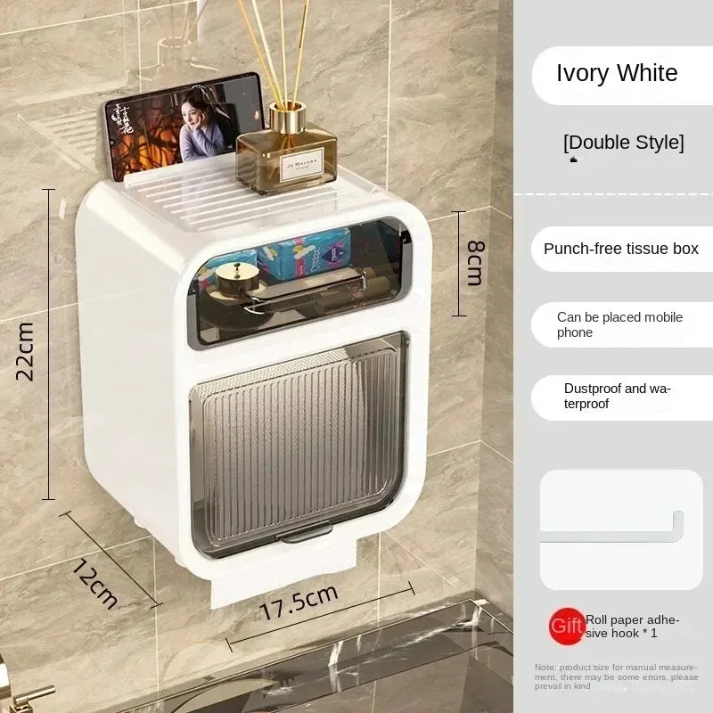 Wall Mounted Tissue Box Holder with Storage Shelf Dustproof Paper Dispenser No Drill Bathroom Organizer – White