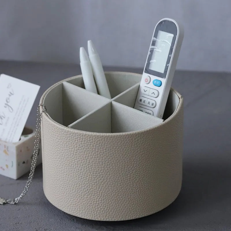 Storage Box Rotating Leather Desktop Organiser with Divided Storage - Brown