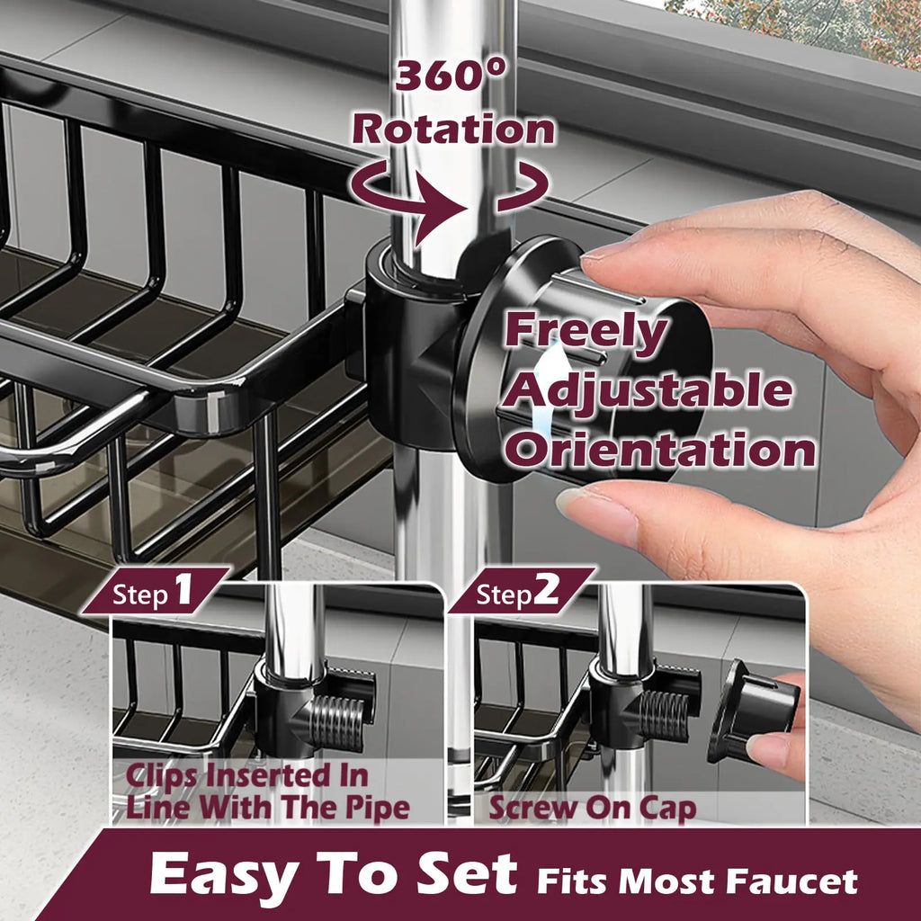 Kitchen Sink Faucet Organizer 3-in-1 Sponge Holder Storage Rack with Drain Tray and Towel Bar – Silver