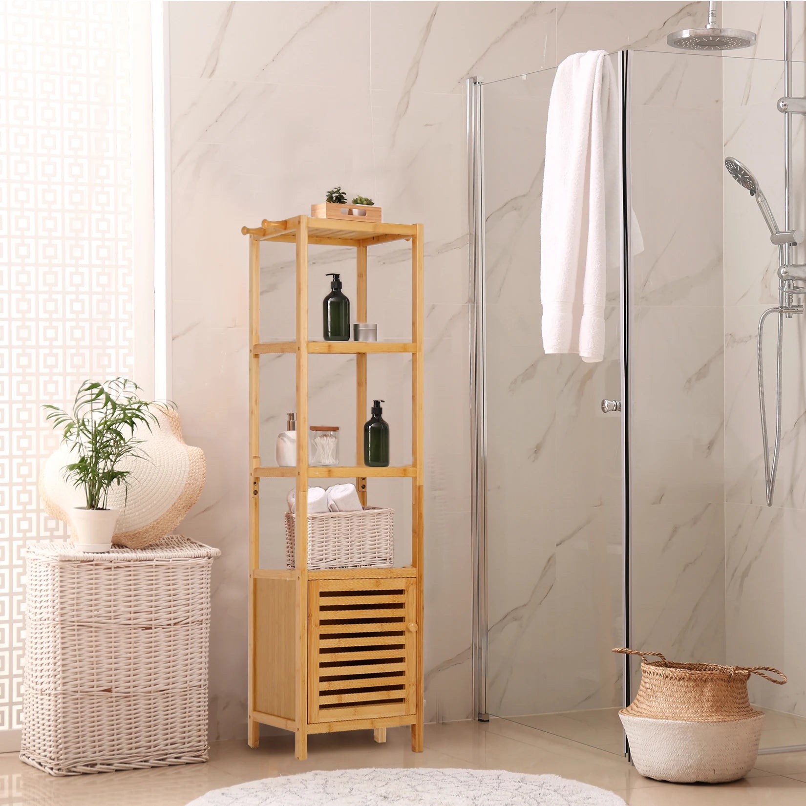 Freestanding Bamboo Bathroom Storage Cabinet Tall Slim Corner Shelf Organizer – Natural Wood