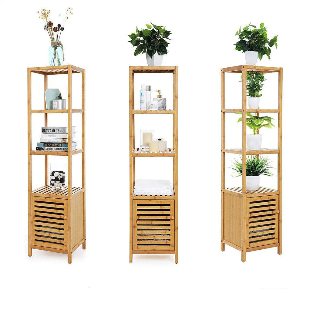 Freestanding Bamboo Bathroom Storage Cabinet Tall Slim Corner Shelf Organizer – Natural Wood