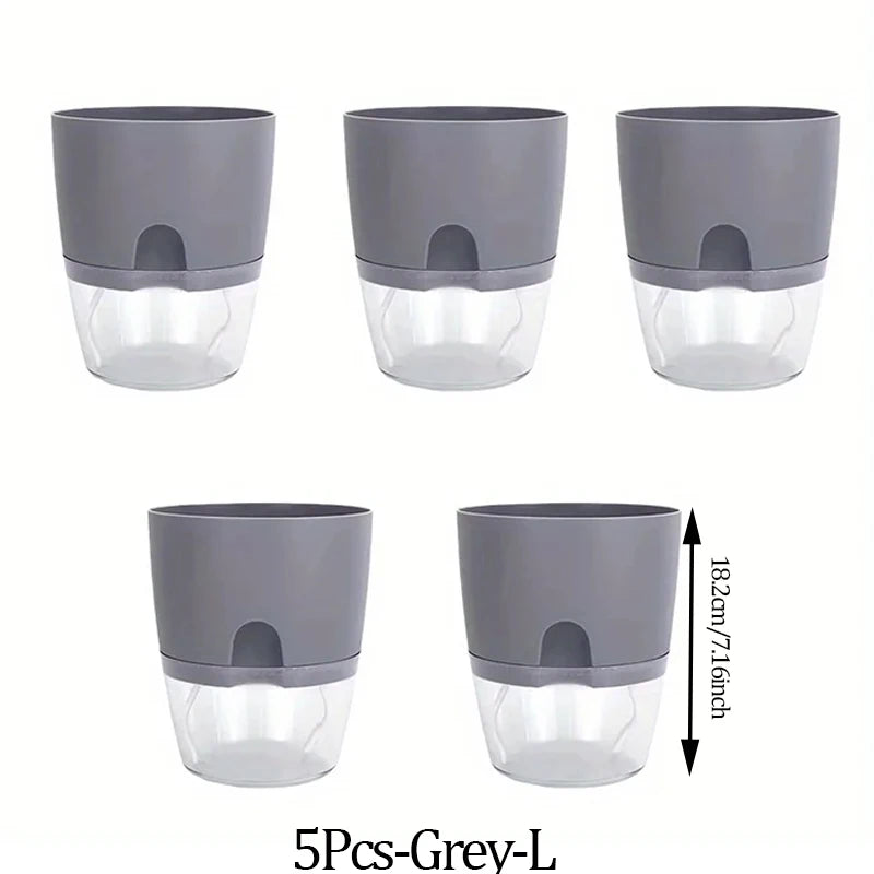 5Pcs Self Watering Planters Large L Wicking Flower Pots With Watering Bottle - Grey