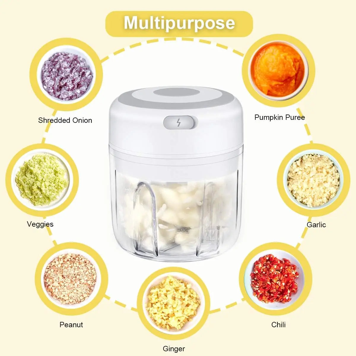 Electric Mini Garlic Chopper USB Rechargeable Food Processor Vegetable Onion Mincer – White