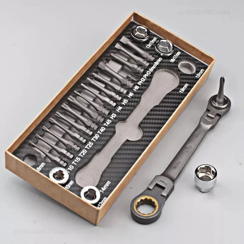 Heavy Duty 23 Piece Flexible Head Ratchet Spanner Wrench Set Multi Function Repair Tool Kit