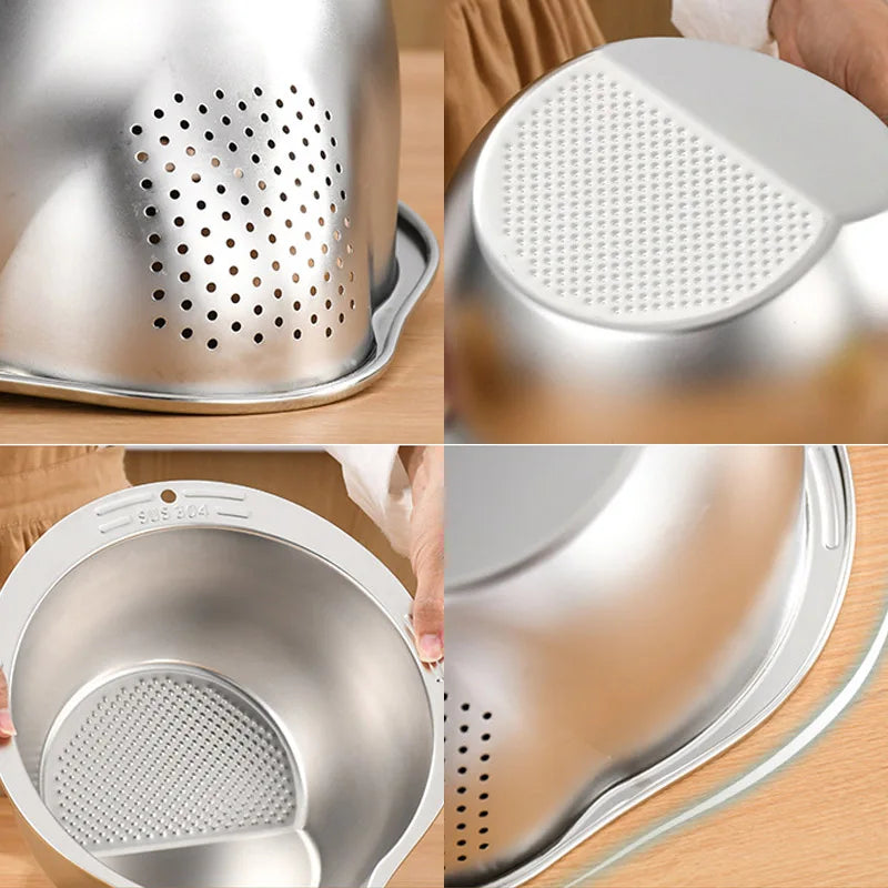 Rice Washer Strainer Bowl 304 Stainless Steel Washing Basin for Rice Fruits Vegetables and Grains - Silver
