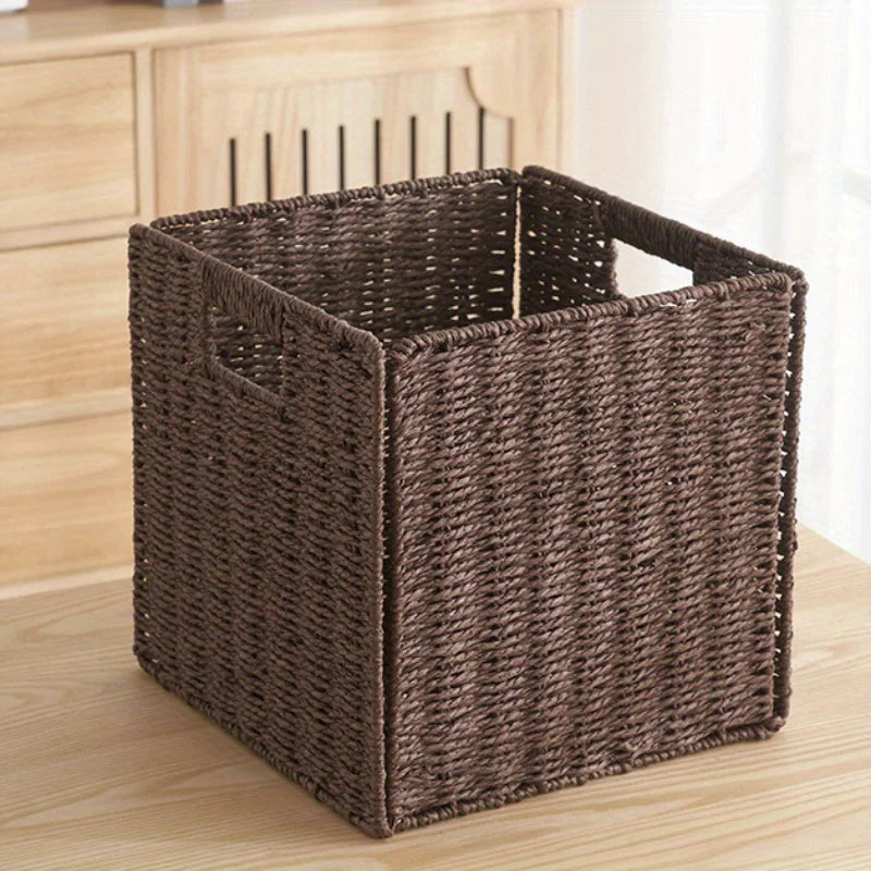Cube Storage Basket Wicker Foldable Clothing Organiser with Handles - Grey